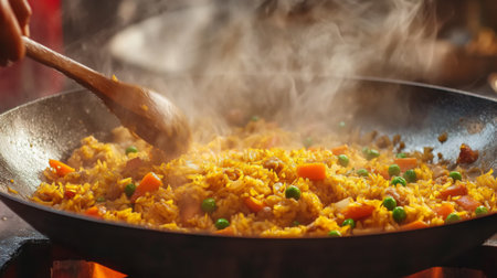 A steaming pan of vibrant yellow rice being stirred with fresh vegetables and spices, showcasing the art of cooking and the essence of culinary delights.の素材