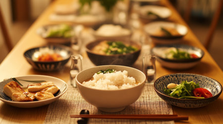 A beautiful Japanese dining scene featuring steaming rice, grilled fish, and fresh vegetables, capturing the essence of communal and healthy eating.の素材