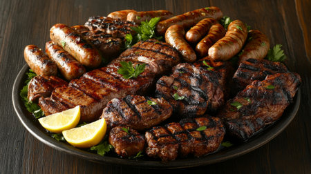 A beautifully arranged platter featuring a variety of grilled meats including sausages and steaks, garnished with fresh herbs and lemon, ideal for any gathering.の素材