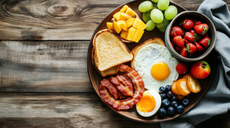 A vibrant breakfast plate featuring eggs, bacon, toast, and an assortment of fresh fruits. Perfect for a healthy morning meal or brunch idea.の素材