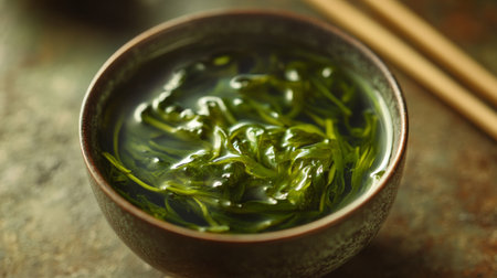 A serene view of fresh green tea leaves floating in water, captured in a rustic bowl. Ideal for wellness and culinary themes, representing freshness and nature.の素材