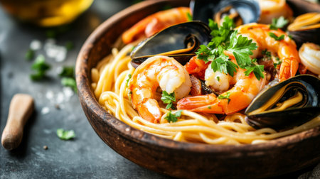 A vibrant seafood pasta dish featuring shrimp and mussels, garnished with fresh herbs. Perfect for gourmet meals or family dinners, this dish delights the senses.の素材