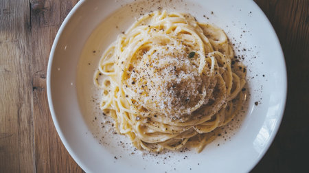 A scrumptious plate of creamy pasta topped with freshly grated parmesan and a sprinkle of black pepper, perfect for any dining occasion.の素材