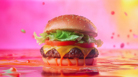 A mouthwatering cheeseburger featuring juicy beef patty, melted cheese, fresh lettuce, and tomato, set against a vibrant, colorful background for a striking visual appeal.の素材