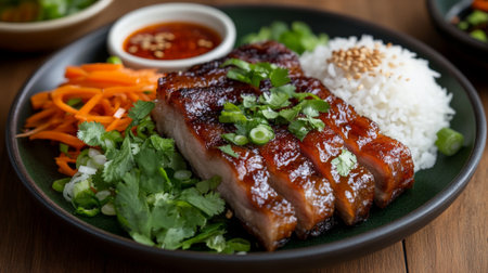 A mouthwatering dish featuring glazed pork served with rice, fresh vegetables, and garnished with herbs. Perfect for a vibrant culinary presentation.の素材