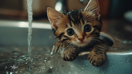 A charming kitten peeks over the edge of a sink while water splashes around. This captivating moment captures the playful and curious nature of young felines.の素材