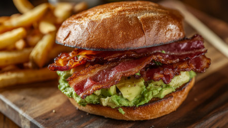 A mouth-watering bacon avocado burger served with crispy fries, perfect for lunch or dinner. Enjoy the rich flavors and savory textures in every bite.の素材