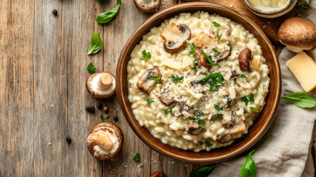 Enjoy a delicious bowl of creamy mushroom risotto garnished with fresh herbs and cheese, perfect for a comforting and healthy meal. Ideal for cooking enthusiasts.の素材