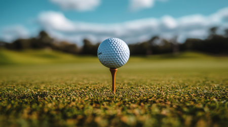 A close-up view of a golf ball on a tee, set against a lush green landscape. Perfect for showcasing sports, leisure activities, and outdoor enjoyment.の素材
