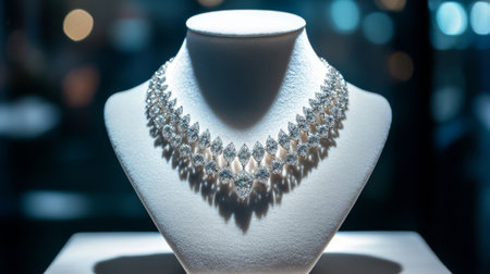 A stunning necklace showcased on a bust form, highlighting its intricate design and sparkling gemstones. Perfect for luxury fashion photography and jewelry displays.の素材