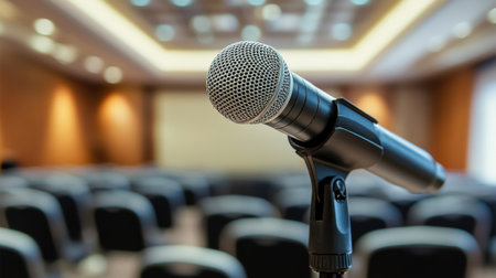 A close-up view of a microphone poised for a presentation in an empty conference room. Perfect for themes of communication, business events, and public speaking.の素材