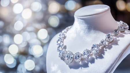 A stunning diamond necklace elegantly displayed on a mannequin against a blurred background. Perfect for showcasing luxury and style in fashion photography.の素材