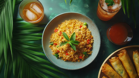A colorful rice dish garnished with fresh herbs, surrounded by refreshing beverages and tropical leaves, perfect for vibrant dining experiences.の素材