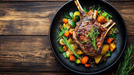 A mouthwatering grilled meat dish served on a rustic plate, accompanied by vibrant seasonal vegetables, offering a feast for the senses. Perfect for gourmet dining.の素材