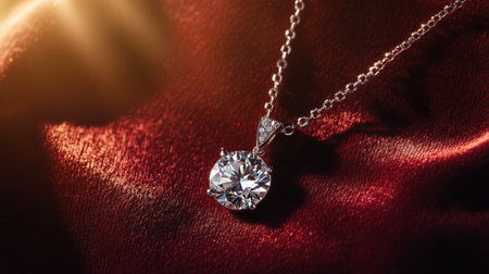 A stunning diamond pendant elegantly displayed on a rich satin background, capturing light with its radiant sparkle. Perfect for showcasing luxury and beauty.の素材