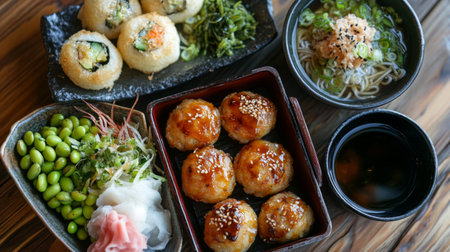 A vibrant spread of assorted Japanese dishes showcasing sushi, noodles, and garnishes, ideal for food lovers seeking authentic cuisine experiences.の素材