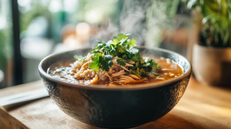 A steaming bowl of spicy noodle soup garnished with fresh cilantro, showcasing the perfect comfort food for any meal. Ideal for food enthusiasts.の素材