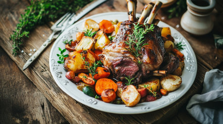 A mouthwatering roast served with a variety of colorful seasonal vegetables, ideal for cozy dinners and festive gatherings. Perfect for food enthusiasts.の素材