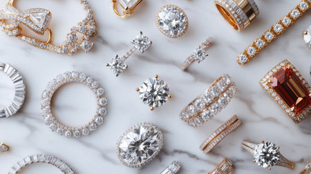 A stunning arrangement of luxury jewelry pieces, including rings and necklaces, showcased on a marble surface, highlighting elegance and beauty.の素材