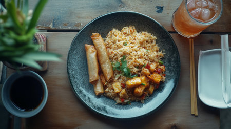 A vibrant plate featuring rice, spring rolls, and vegetables, set on a wooden table. Captivating colors and textures make this meal appealing.の素材