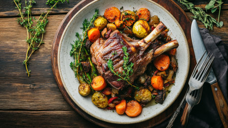 A deliciously roasted lamb chop served with vibrant carrots and fresh herbs, perfect for a rustic dinner setting. Enjoy this savory feast.の素材