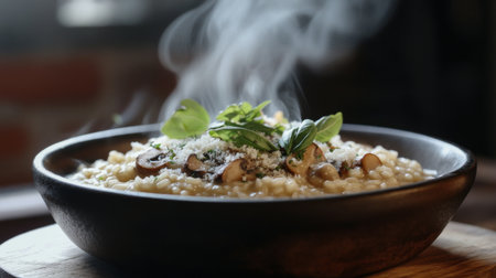 A steamy bowl of freshly cooked risotto topped with herbs and mushrooms. Ideal for showcasing delicious cuisine and gourmet cooking styles.の素材