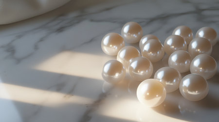 A serene arrangement of shiny pearls on a smooth marble surface, illuminated by soft light, creating an elegant and luxurious atmosphere. Perfect for artistic and decorative themes.の素材