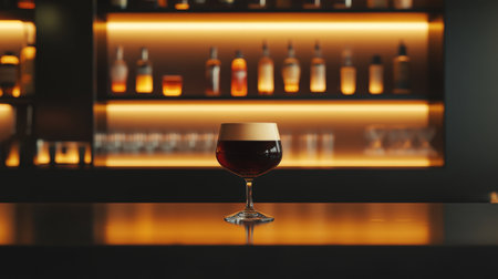 A beautifully crafted cocktail stands on a sleek bar counter, illuminated by soft backlighting. Perfect for nightlife, celebrations, and elegant gatherings.の素材