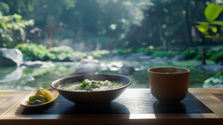 A serene dining scene showcasing a bowl of rice soup and a cup, set in a lush garden. The natural light enhances the freshness and tranquility of the meal.の素材