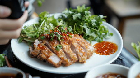 A plate featuring a crispy fried chicken cutlet served with fresh greens and a flavorful sauce. Perfect for showcasing delicious cuisine.の素材