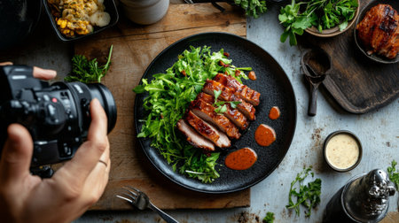 A beautifully arranged plate of grilled chicken served on fresh greens, complemented by sauces. Perfect for food photography, cooking, and culinary presentations.の素材