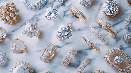 A beautiful array of elegant jewelry pieces featuring sparkling diamonds and intricate designs. Perfect for showcasing luxury and elegance in fashion.の素材