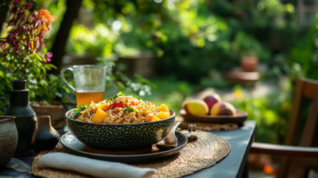 A vibrant outdoor meal featuring rice with vegetables, fresh fruit, and a refreshing drink, set in a picturesque garden, perfect for summer gatherings.の素材