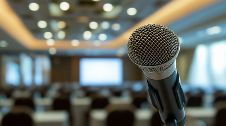 Close-up of a microphone with a blurred conference room background, ready for a presentation. Ideal for themes of public speaking, events, and communication.の素材
