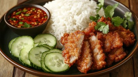 Delight in this appetizing dish featuring crispy chicken, fragrant rice, and a spicy dipping sauce, complemented by fresh cucumber slices and herbs.の素材
