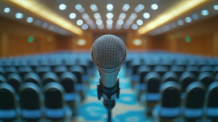 A close-up of a microphone positioned in an empty conference room, symbolizing readiness for speech and communication in a professional setting.の素材