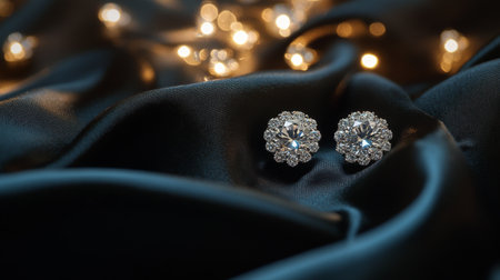 A stunning closeup of elegant diamond earrings resting on a luxurious silk background. This image captures the beauty and sparkle, perfect for jewelry promotions.の素材