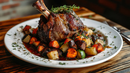 A beautifully presented lamb shank served on a white plate, accompanied by roasted vegetables and garnished with fresh herbs, ideal for gourmet dining.の素材