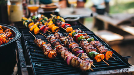 A vibrant display of grilled kebabs on a barbecue, featuring colorful vegetables and juicy meat. Perfect for summer cookouts and outdoor gatherings.の素材