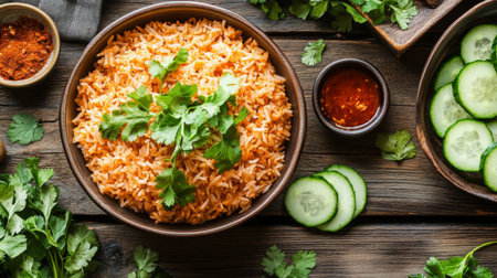 A vibrant bowl of rice garnished with fresh cilantro and served with cucumber slices, showcasing colorful ingredients for a delicious meal.の素材