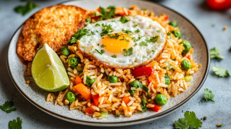 A vibrant plate of seasoned rice topped with a perfectly fried egg, fresh veggies, and a lime wedge for a refreshing twist. Perfect for any meal.の素材