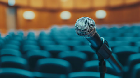 A close-up view of a microphone positioned in an empty auditorium, capturing an inviting atmosphere for performances and events. Check the unique setting for inspiration.の素材