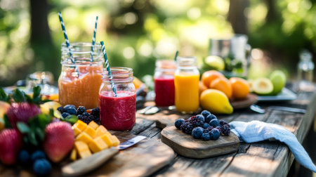A vibrant outdoor setup featuring fresh fruit and smoothies in jars. Perfect for summer gatherings, this scene showcases healthy ingredients and delightful colors.の素材