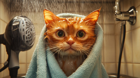 A curious orange cat wrapped in a blue towel, looking surprised after a bath. The playful scene captures the essence of pet grooming and care at home.の素材