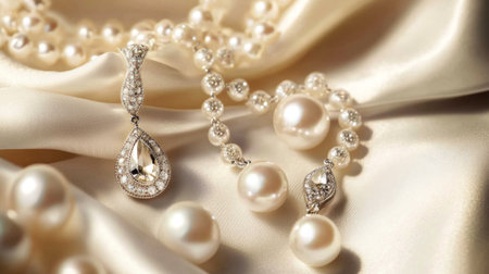 Delicate pearls and diamonds arranged elegantly on soft silk, showcasing a luxurious and timeless jewelry design perfect for special occasions.の素材