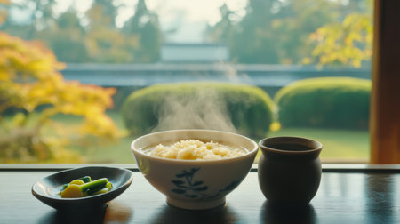 A steaming bowl of warm rice accompanied by colorful vegetables and tea, set against a serene garden view, evokes a sense of peace and comfort.の素材
