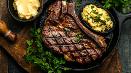 A beautifully grilled steak served with butter and creamy mashed potatoes, showcasing rich flavors and a rustic dining experience. Perfect for food lovers.の素材