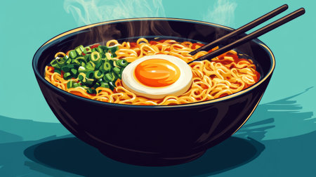 A vibrant bowl of ramen featuring a soft-boiled egg, green onions, and delicious noodles, served hot and steaming, perfect for food lovers.の素材