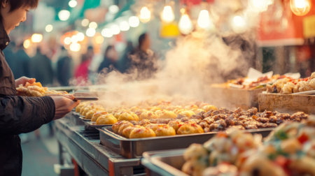 A vibrant street food stall at a bustling night market featuring steaming dishes, enticing aromas, and customers enjoying a delicious variety of local cuisine.の素材