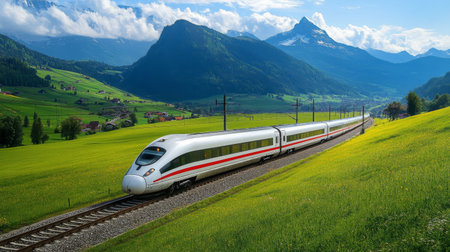 A sleek train travels through a picturesque landscape of lush green mountains under a bright blue sky, embodying the spirit of modern travel and adventure.の素材